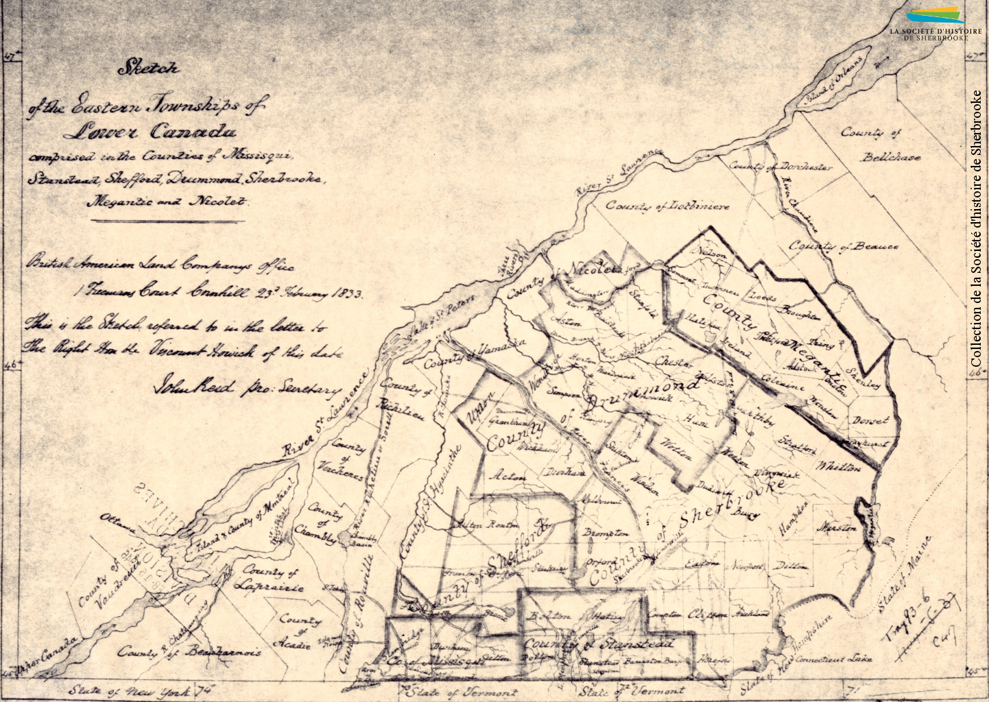 Un dessin des Cantons-de-l’Est et de ses différents comtés, produit par la BALCo en 1833. À gauche et en haut on voit le fleuve Saint-Laurent, et les comtés limitrophes des Cantons-de-l’Est.