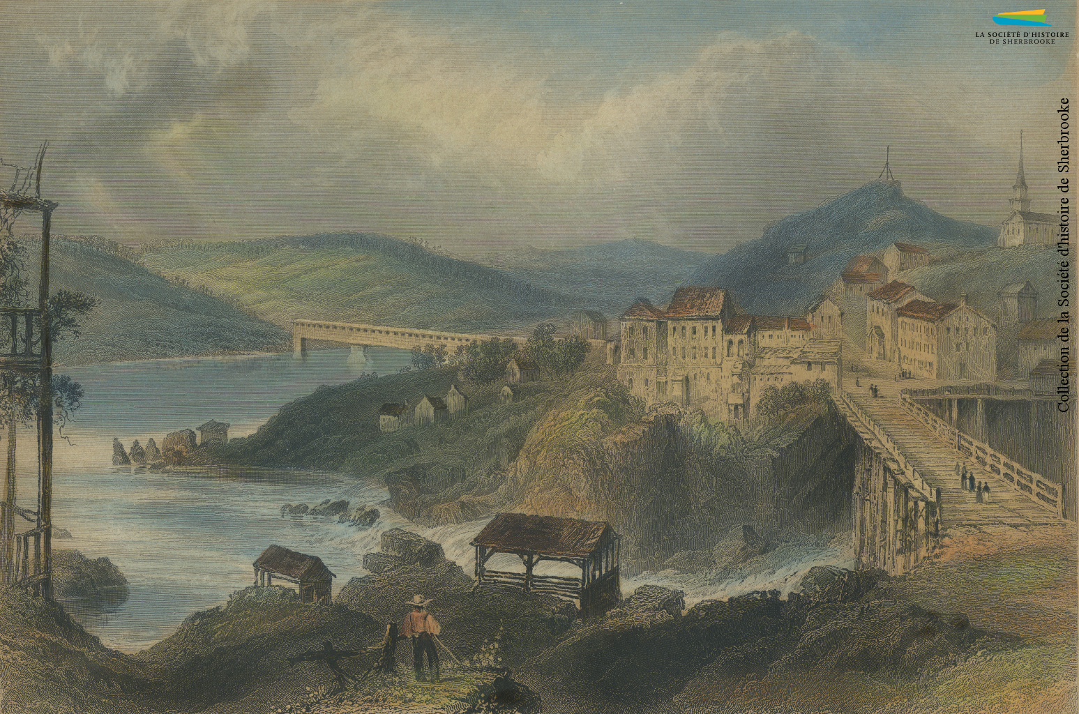 Le pont de la rue Dufferin, vu depuis le confluent des rivières Magog et Saint-François, représenté par W.H. Bartlett vers 1840. Sherbrooke en est au début de son développement industriel, mais attire déjà certains ouvriers d’origine britannique dans ses quelques moulins et fabriques.