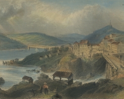 Le pont de la rue Dufferin, vu depuis le confluent des rivières Magog et Saint-François, représenté par W.H. Bartlett vers 1840. Sherbrooke en est au début de son développement industriel, mais attire déjà certains ouvriers d’origine britannique dans ses quelques moulins et fabriques.
