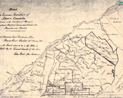 Un dessin des Cantons-de-l’Est et de ses différents comtés, produit par la BALCo en 1833. À gauche et en haut on voit le fleuve Saint-Laurent, et les comtés limitrophes des Cantons-de-l’Est.