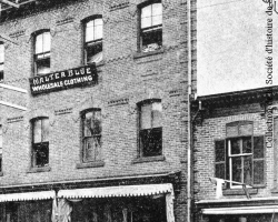 La fabrique de vêtements de Walter Blue, en 1890, au coin des rues King Ouest et Grandes-Fourches.