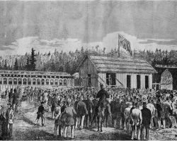Gravure représentant l’inauguration de la ligne entre Sherbrooke et Westbury du Sherbrooke, Eastern Townships and Kennebec Railway, le 7 novembre 1874. Ce projet, porté par le maire Joseph Robertson, relie Sherbrooke au canton de Weedon, puis se rend ultimement jusqu’à Lévis.