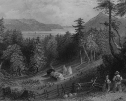 Une gravure représentant une famille de colons dans les Cantons-de-l’Est, réalisée entre 1839 et 1842. Leur origine n’est pas précisée, mais ce sont de tels colons – des Américains – qui s’installent à partir de 1793 dans les cantons d’Ascot puis d’Orford, sur le lieu qui deviendra le village puis la ville de Sherbrooke.