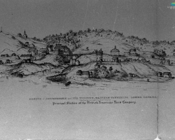 Sherbrooke en 1836, vue depuis la rive est de la rivière Saint-François. Les activités industrielles se résument alors à quelques moulins alimentés par l’eau de la rivière Magog. À partir de 1834, la BALCo construit d’autres barrages et aménage les rives de la rivière afin d’attirer d’autres manufactures.