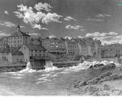 Sherbrooke vers 1860. Le moulin à l’avant-plan se trouve sur le site du premier moulin à farine de Gilbert Hyatt, construit en 1802. Le bâtiment à l’arrière est l’ancien hôtel de ville, là où se trouve celui d’aujourd’hui.
