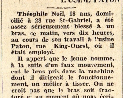 Une jeune ouvrier de la Paton, âgé de 18 ans, se coince un bras dans une machine. Il a de la chance : son bras n’est pas fracturé.