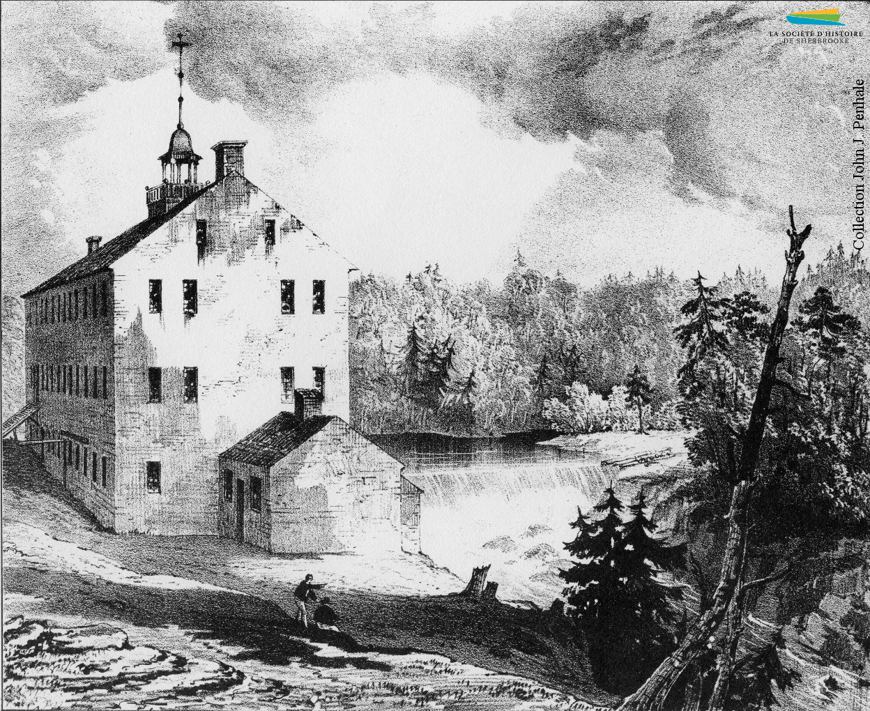 La première fabrique de tissus de laine de Sherbrooke, vers 1836. Ouverte par le marchand Charles Goodhue en 1827, entièrement mécanisée, elle est vendue à la <em>British American Land Company</em> en 1834, et ferme ses portes en 1837.
