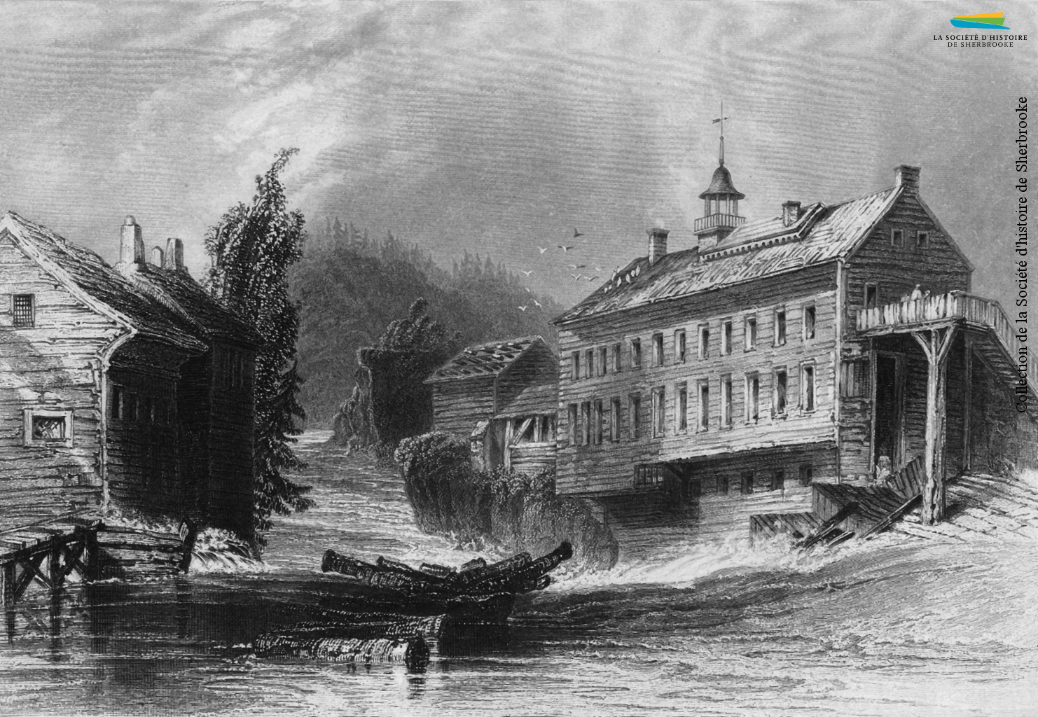 Une gravure de la fabrique de laine de Charles Goodhue, vers 1830. Elle est située près du confluent des rivières Magog et Saint-François, proche de l’actuel pont Gilbert-Hyatt.