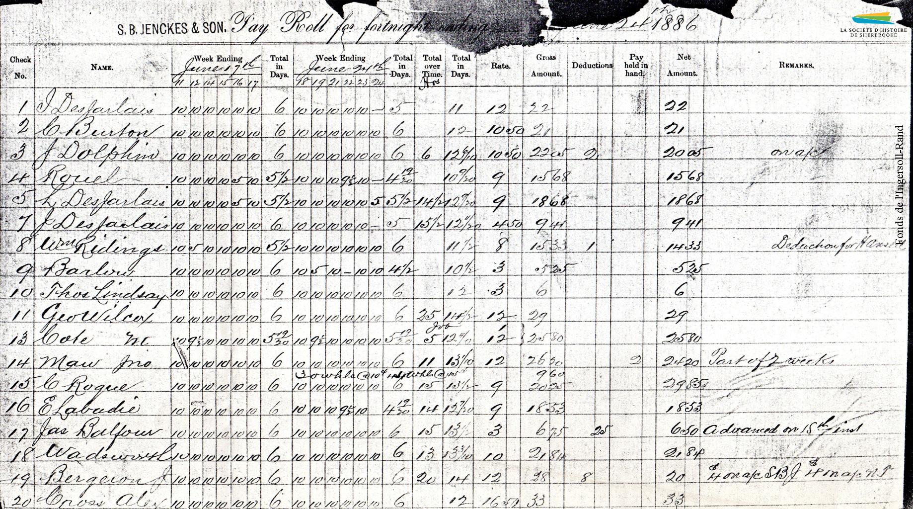 Une copie de la liste de paie de la Jenckes Machine Co. en 1886. On y voit le nombre d’heures travaillées par jour, le nombre de jours par semaine, le temps supplémentaire, le taux horaire et le salaire versé pour deux semaines de travail. Un ouvrier travaille 145 heures en 14 jours (72,5 heures par semaine), pour un salaire de 29 $, soit 20 cents de l’heure.