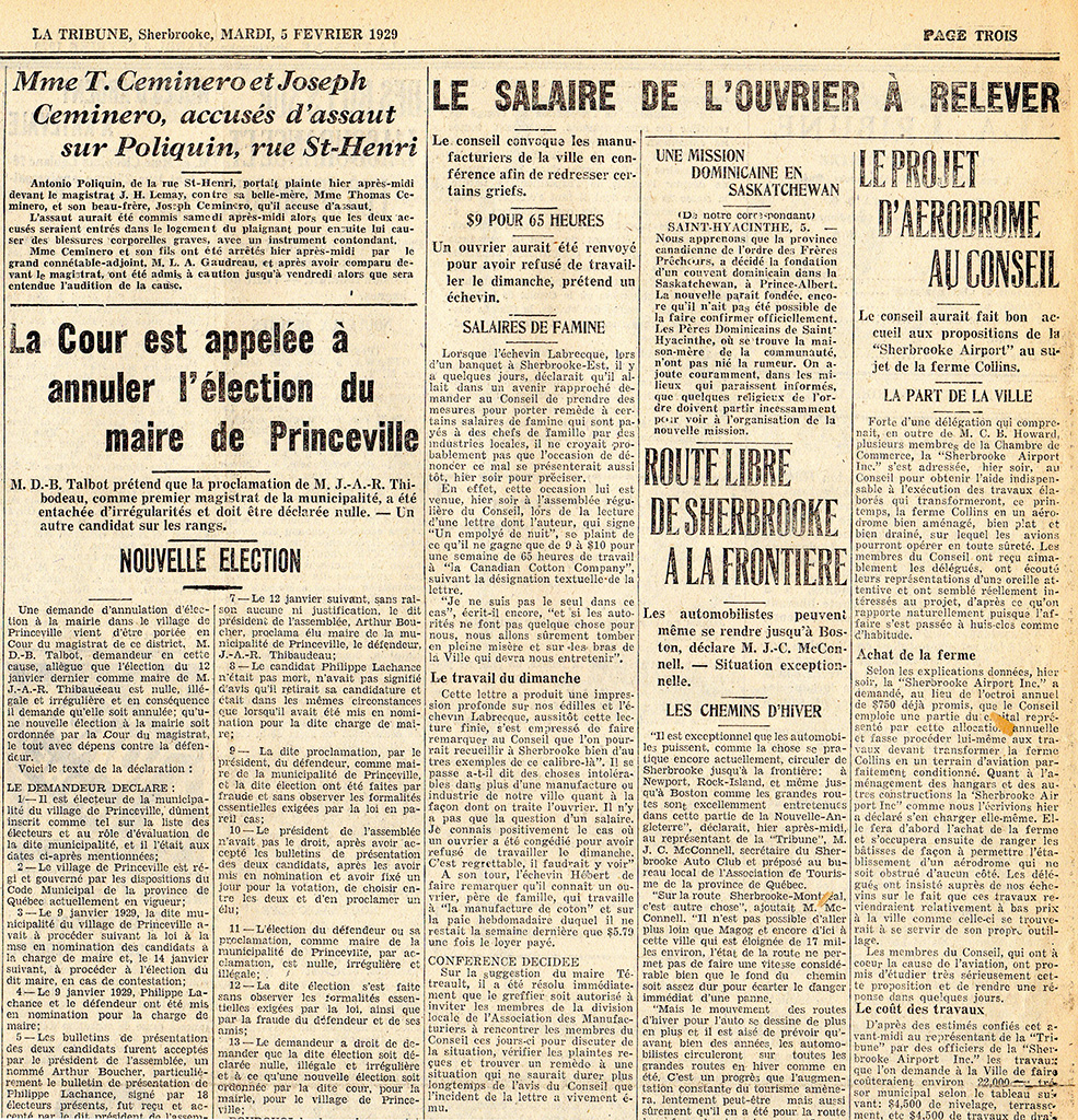 Les salaires des ouvriers du textile sont les plus bas à Sherbrooke. Mais certaines situations absurdes attirent encore davantage l’attention des journaux et des autorités municipales. Dans cet article, on dénonce une paie de 9 $ pour 65 heures de travail (0,13 $ de l’heure) d’un ouvrier de nuit à la Dominion Textile, et le renvoi d’un autre ouvrier parce qu’il a refusé de travailler le dimanche – le seul jour de congé obligatoire dans une semaine.