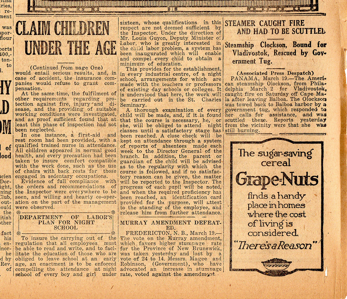 En 1907, une loi interdit aux enfants de moins de 14 ans de travailler en usine. Mais la loi est-elle respectée? Certains à Sherbrooke disent que non, et les journaux mènent leurs propres enquêtes. Un « manque de preuve » fait dire au journaliste du <em>Daily Record</em> que de telles violations de la loi ne se produisent pas à Sherbrooke.