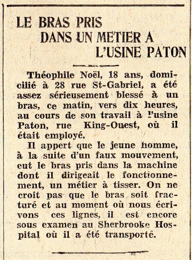 Une jeune ouvrier de la Paton, âgé de 18 ans, se coince un bras dans une machine. Il a de la chance : son bras n’est pas fracturé.