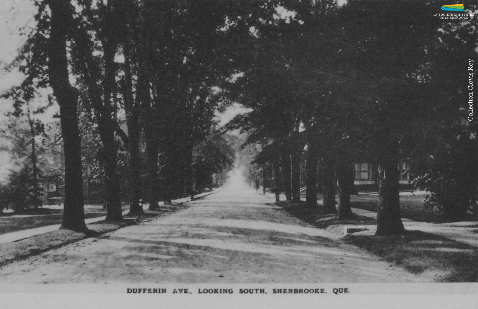 La rue Dufferin en direction sud, vers 1905. La rue est située dans le « Vieux-Nord », et comprend de nombreuses maisons bourgeoises, des églises et des institutions diverses (bureau de poste, siège de la Eastern Townships Bank, etc.).