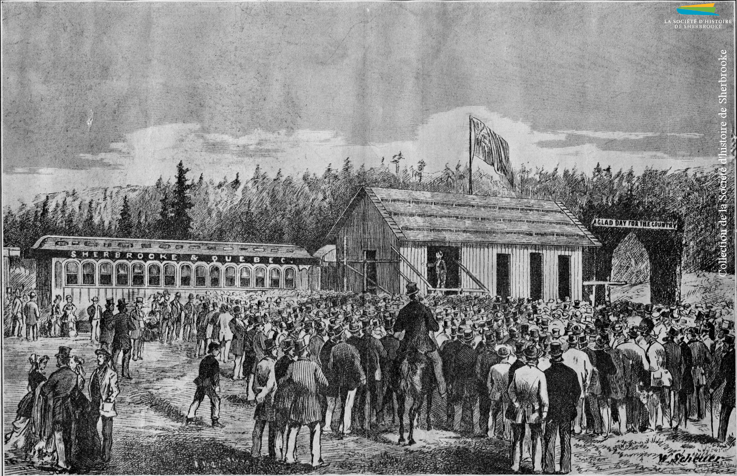 Gravure représentant l’inauguration de la ligne entre Sherbrooke et Westbury du Sherbrooke, Eastern Townships and Kennebec Railway, le 7 novembre 1874. Ce projet, porté par le maire Joseph Robertson, relie Sherbrooke au canton de Weedon, puis se rend ultimement jusqu’à Lévis.