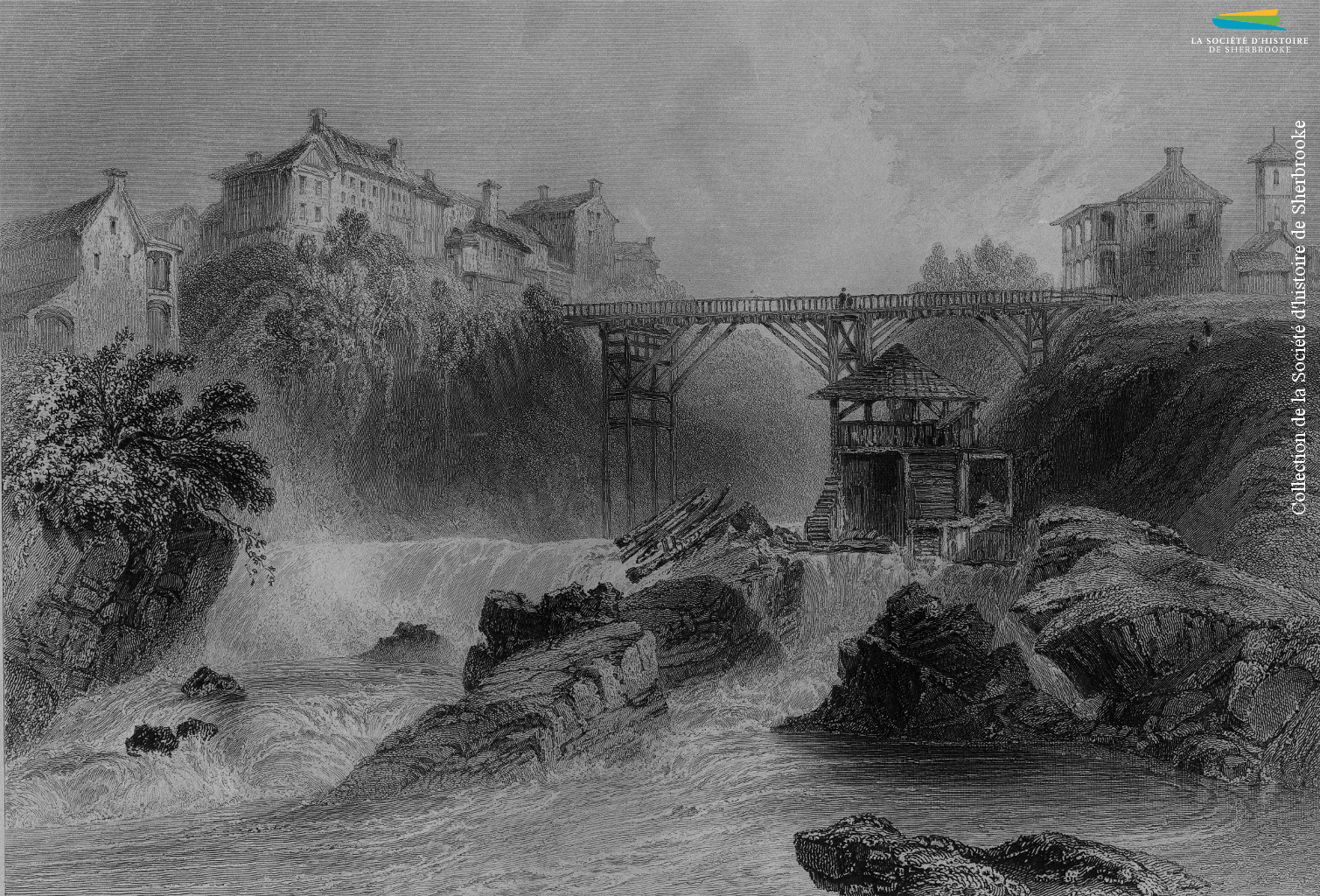 Le pont de la rue Dufferin, vu depuis le confluent des rivières Magog et Saint-François, représenté par W.H. Bartlett vers 1840. Sherbrooke en est au début de son développement industriel, mais attire déjà certains ouvriers d’origine britannique dans ses quelques moulins et fabriques.